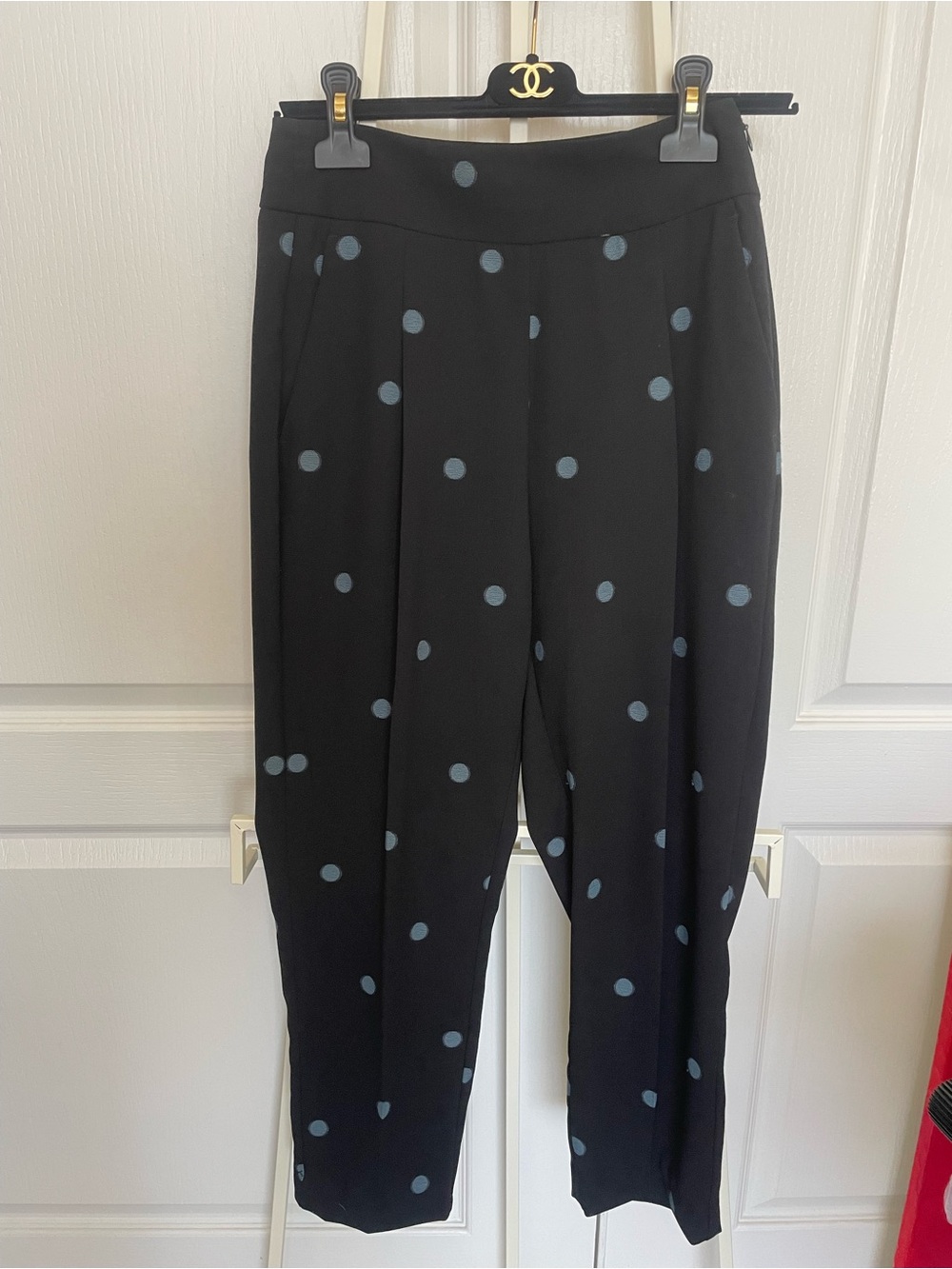 Zara Black Tapered Pants with Light Blue Polka Dots